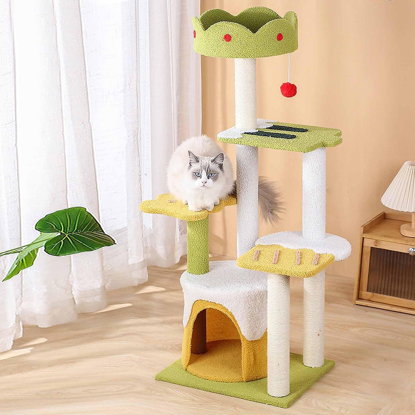 Cat Tree Tower with Sisal Scratching Posts, Perch & Hanging Toys for Indoor Cats - Green