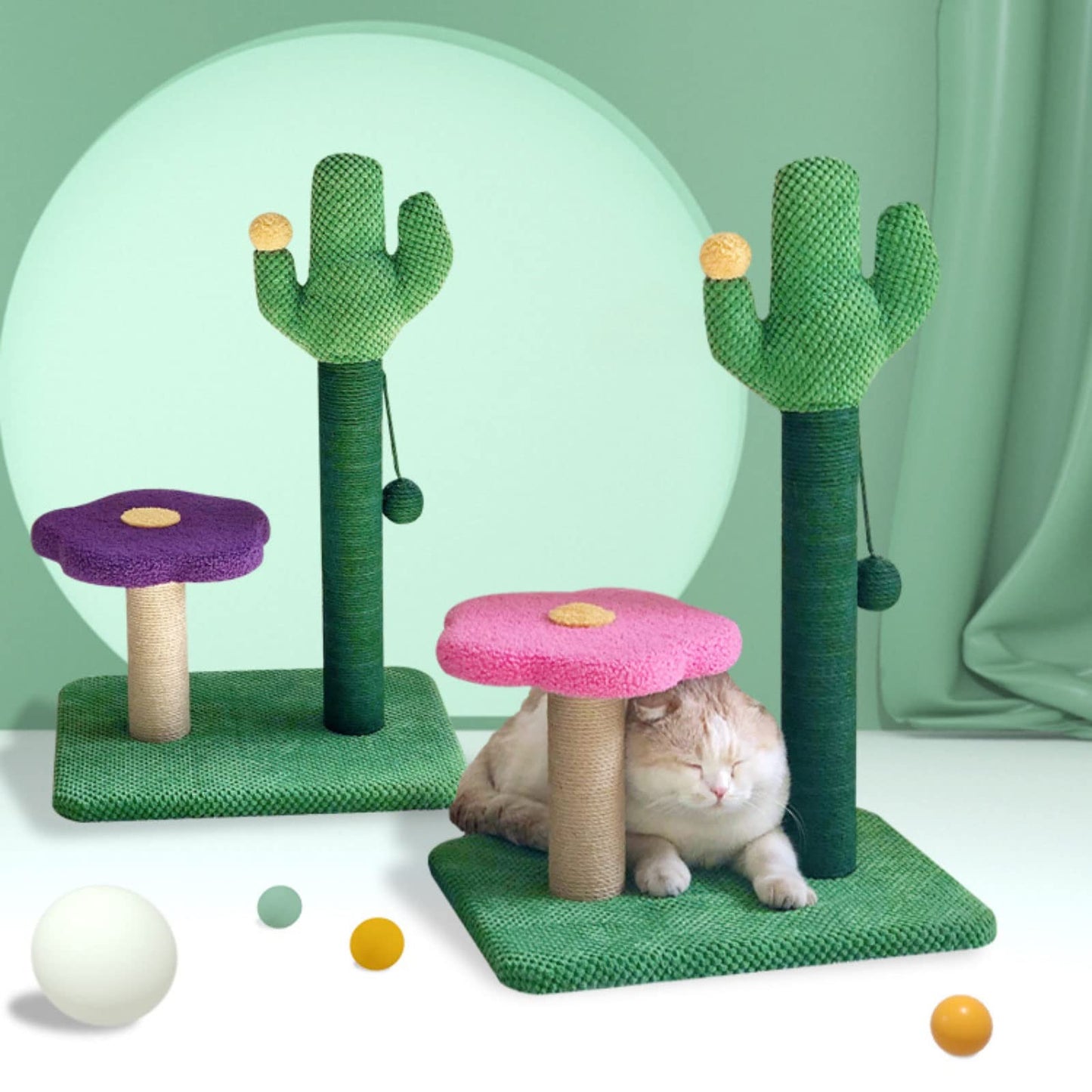 Luxury Cactus Cat Tree Tower with Flower Hammock & Sisal Scratching Post for Indoor Cats - Purple