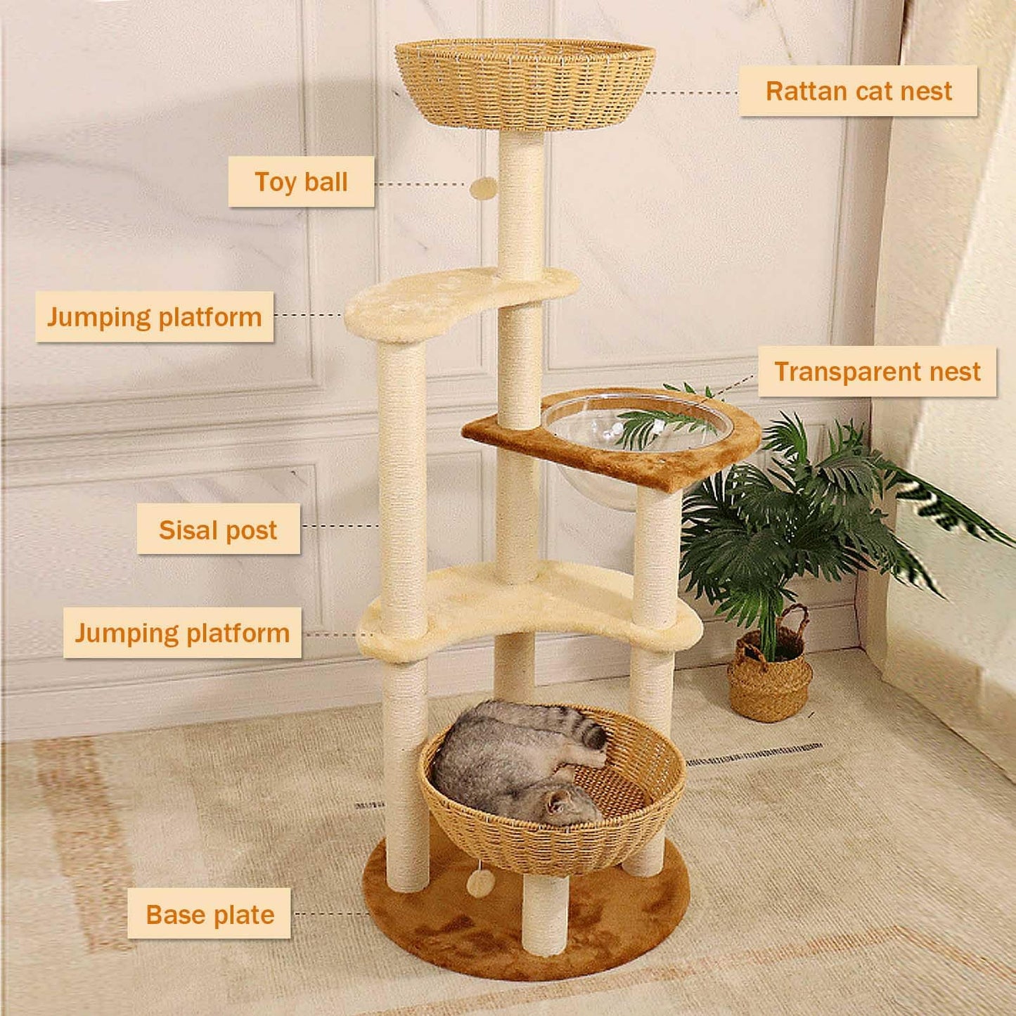 141cm Cat Tree Tower with Ladder, Scratching Posts & Play Toys for Indoor Cats