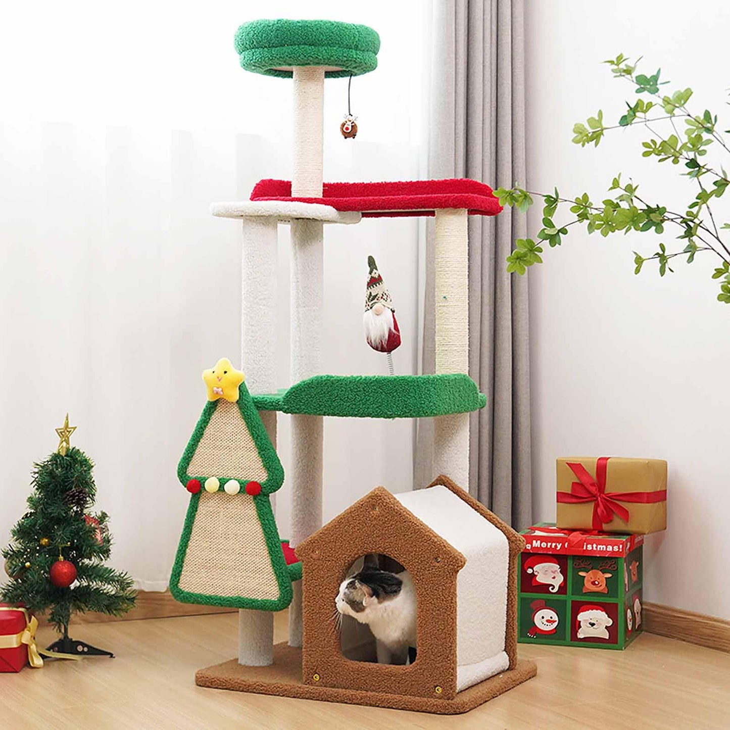 Cat Climbing Tower with Cave, Scratching Posts & Padded Platform for Indoor Cats