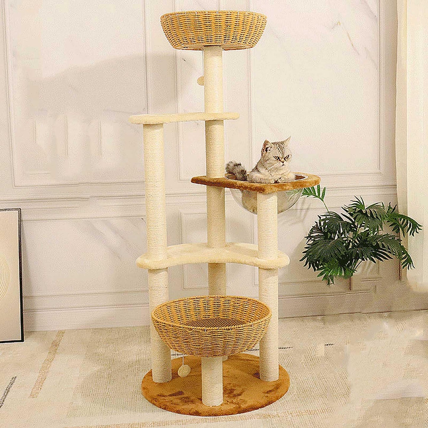 141cm Cat Tree Tower with Ladder, Scratching Posts & Play Toys for Indoor Cats