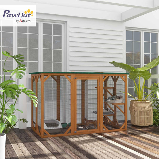 PawHut Outdoor Wooden Cat House Catio Shelter with Platforms & Weatherproof Roof